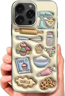 Bake It, Personalized Clear Phone Case, Gift for Bakers and Food Lovers, Baking Tools and Sweet Cupcakes Cookies 2D Flat Personalized Inflated Effect Phone Case, Baking Gift for Mom, Grandma