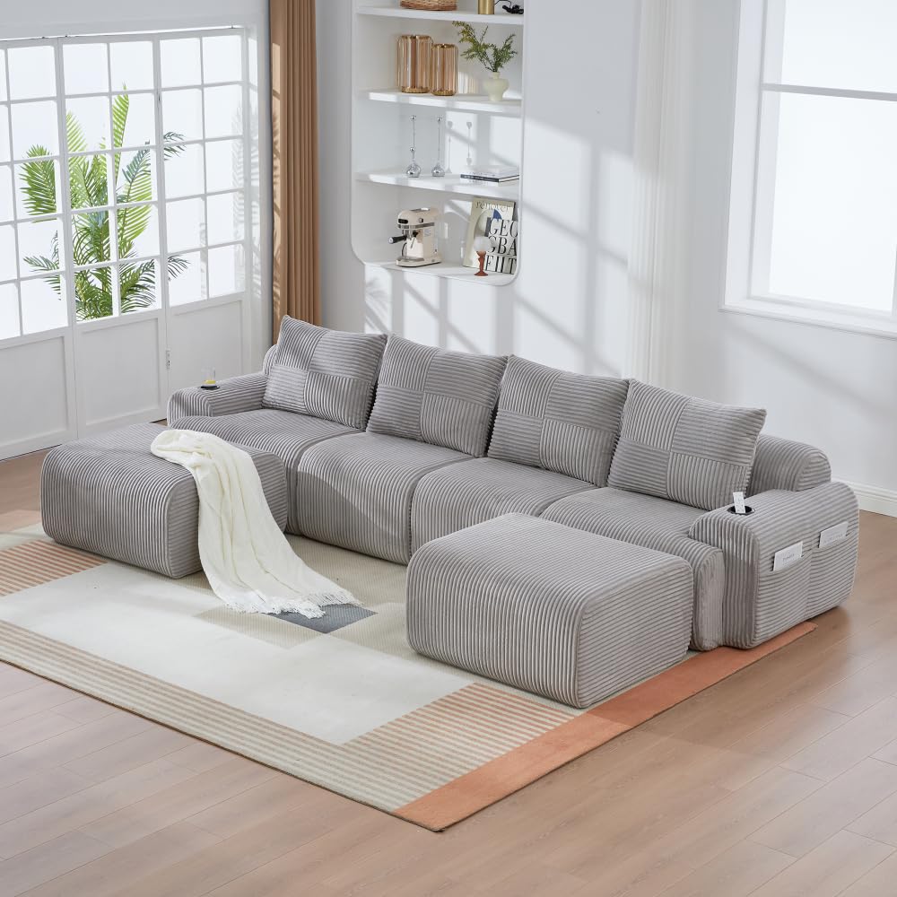 Sapgaks Sofá esquinero convertible, sofá modular compacto, sofá de 2 a 6 plazas, equipado con soportes para bebidas y compartimentos laterales de almacenamiento, no requiere montaje (U gris claro de 4