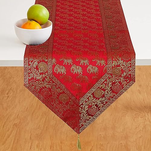Image of Traditional Brocade Silk Table Runner for Living Room 4 to 6 Seater Dining Table Runner Elephant End Tassels 14x80 Inches (Red)