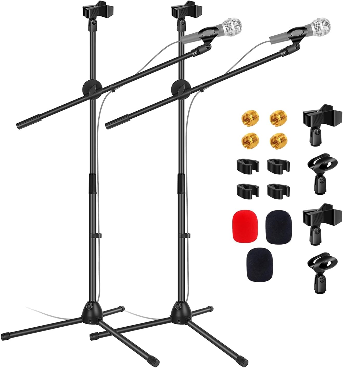 5 Core Microphone Stand 2Pc Floor 2 Mic Clips Universal Height Adjustable 63" Dual Tripod Mic Stands w Telescoping Boom Arm Foldable - MS DBL 2 PCS