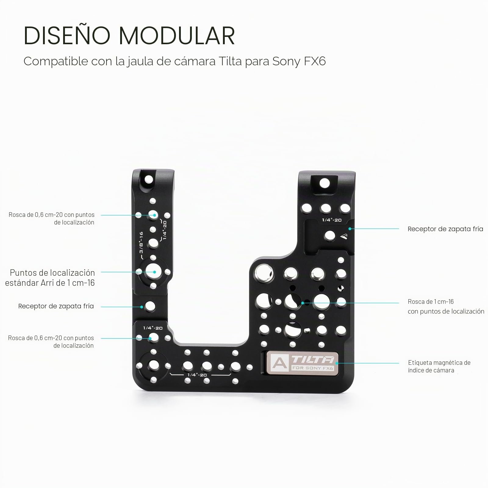 Tilta Placa de Montaje Lateral Compatible con Sony FX6, con Etiquetas de índice de cámara, 1/4"-20, 3/8"-16 con Puntos de localización y Zapata fría ES-T20-SMP