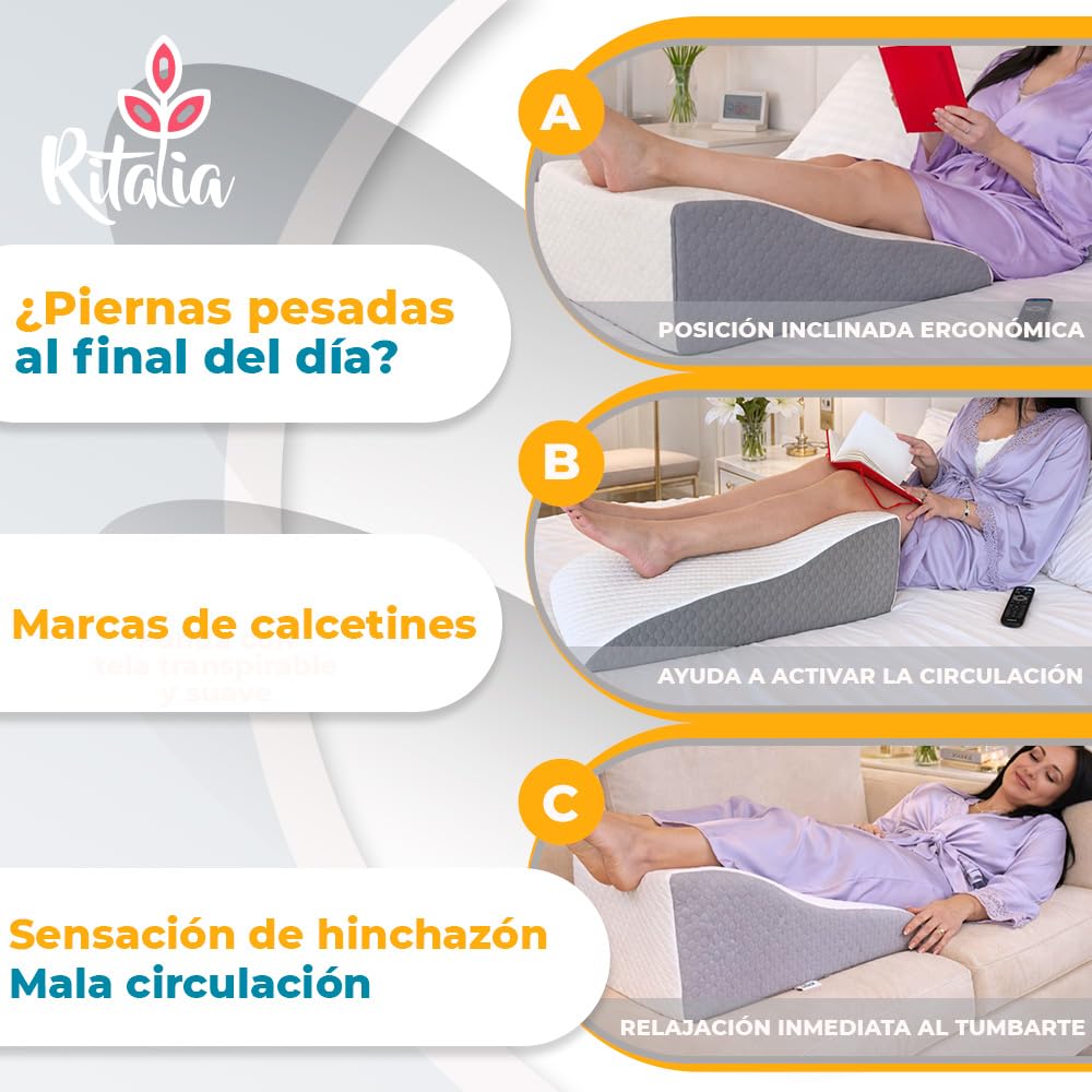 Ritalia CUSCINO CUNEO GAMBE Cuscino alza gambe per circolazione | Cuscino ortopedico per elevazione gambe in Memory Foam | Federa traspirante lavabile