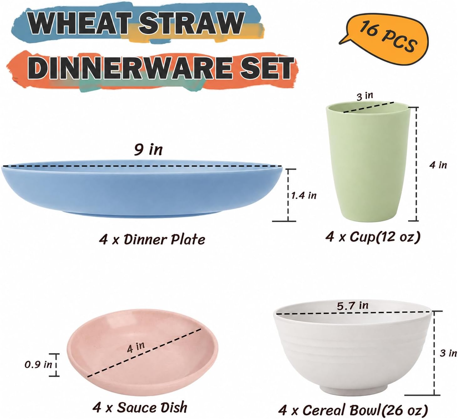 Wheat Straw Dinnerware Sets for 4, 16 Piece Unbreakable Kids Dinnerware Set, Toddler Plates and Bowls Sets, Kitchen Plates and Bowls Set, Lightweight Dish Set for Travel Camper Dishes - Colorful image 3