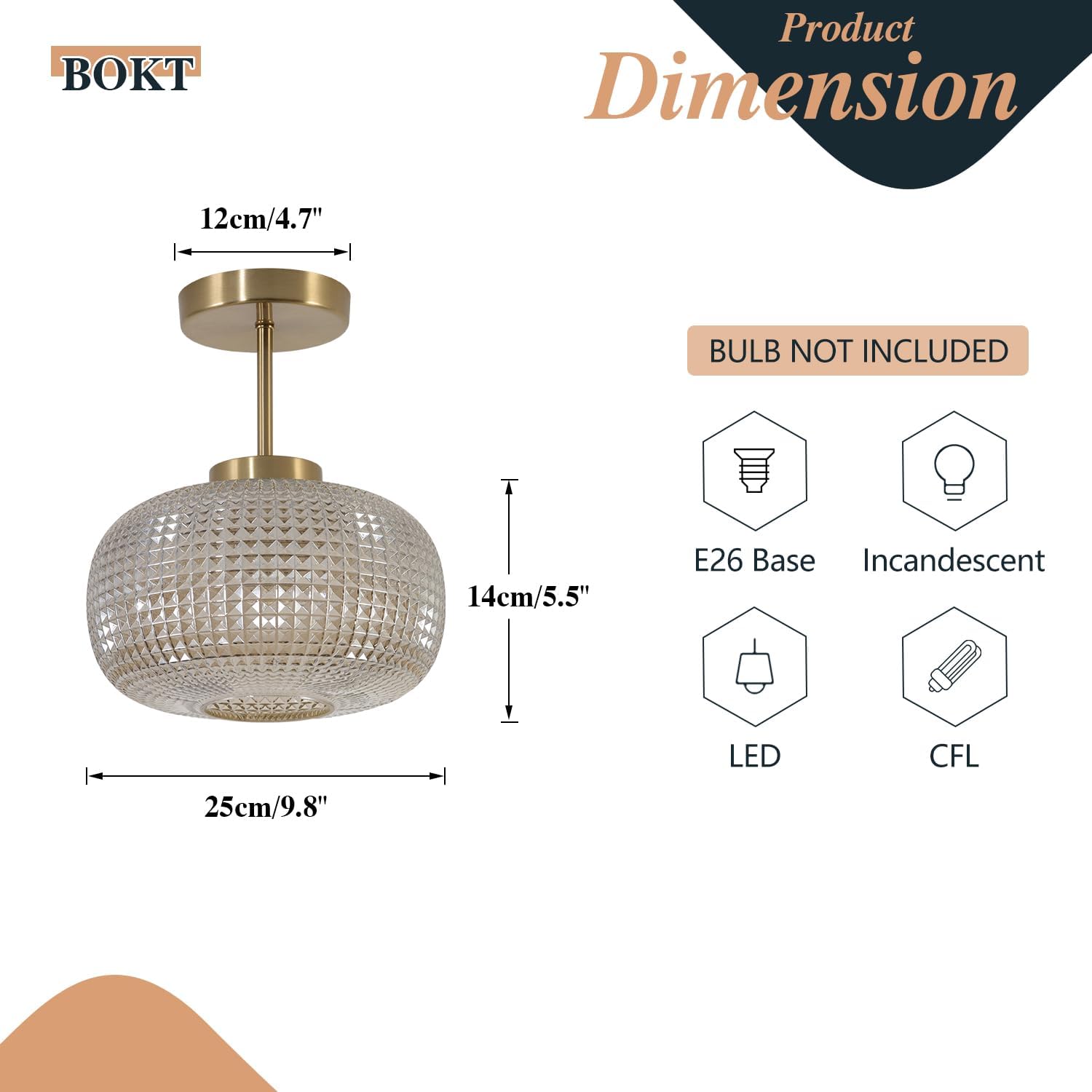 BOKT Round Hallway Semi Flush Mount Ceiling Light Close to Ceiling Light Fixtures Brass Bright Modern Ceiling Lighting Amber Glass Pendant Light - 9.8" for Kitchen Entryway Living Room