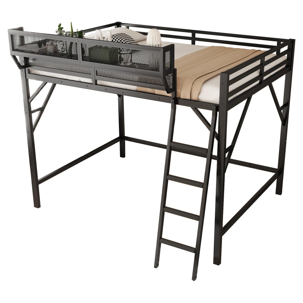 Condition photo showing New/Like New for saiveina full size loft bed with ladder, metal full loft bed with storage shelves, high loft bed for kids teens, black(expect arrival date 2025/11/26, old sku w2580p353531)