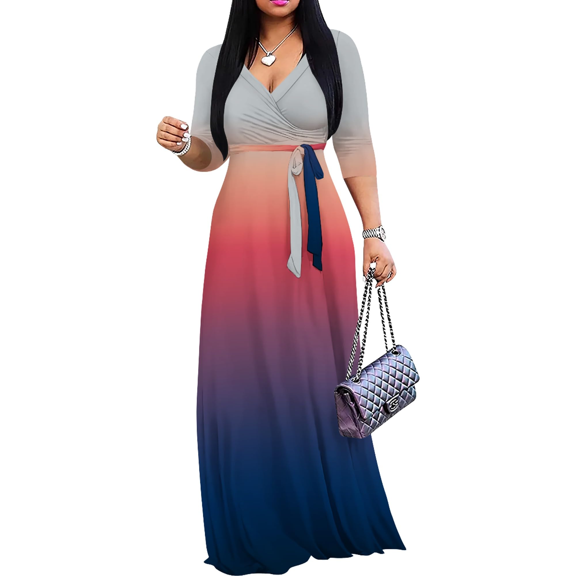 PinkPatty Women's Plus Size Maxi Dresses Casual Flowy 3/4 Sleeves Dress Printed Vacation Dress for Daily Wear with Belt
