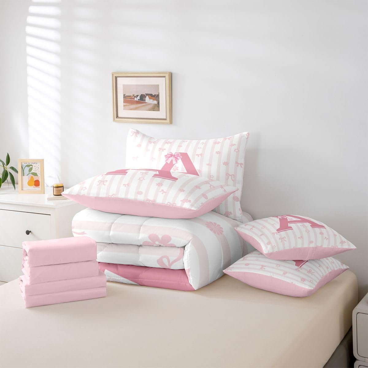Feelyou Girls Cute Pink Bow Twin Comforter Set with Sheets for Kids Boys Girls Kawaii Bowknot 7 Pieces Bedding Set Personalized Initial A Bed in a Bag Room Decor Soft Lightweight Microfiber