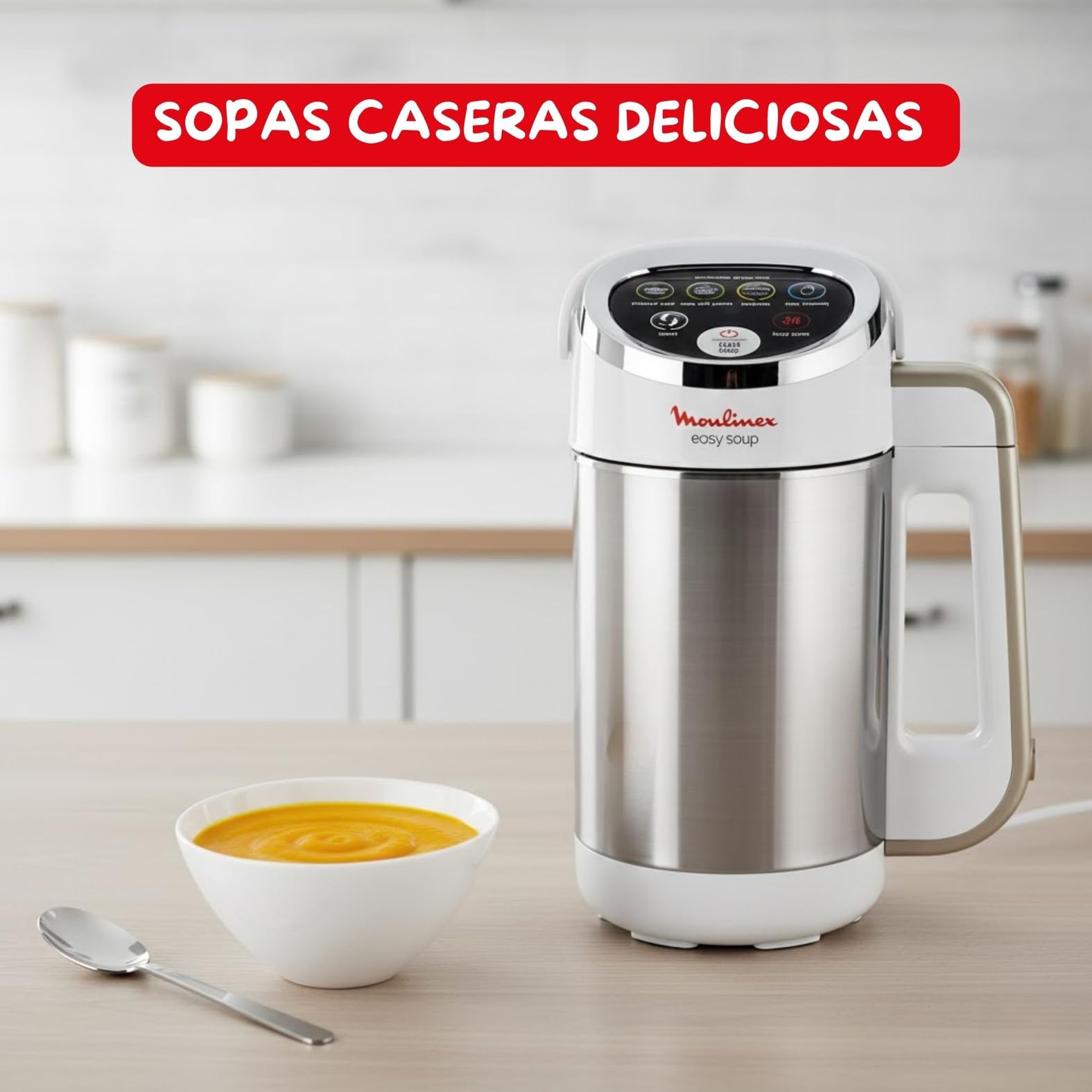 Moulinex Easy Soup, Sopera Eléctrica, 4 Programas Automáticos, Jarra Inoxidable, Capacidad 1,2L, Autolimpieza, Función mantener caliente, Potencia 1000W, LM841110