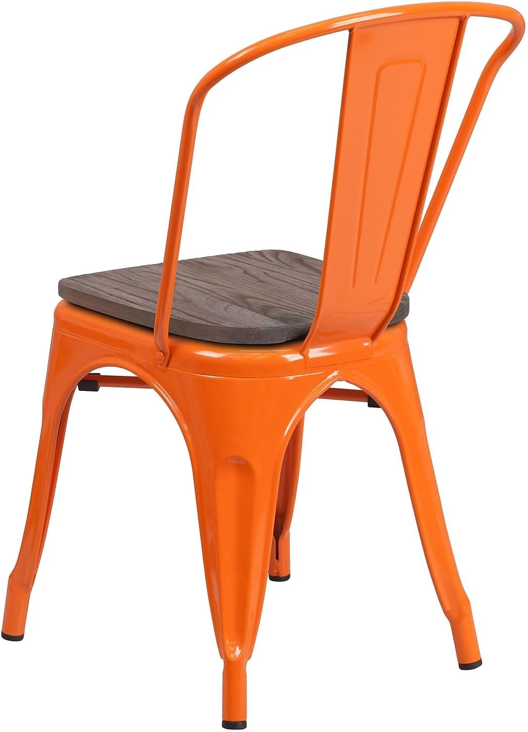 BOWERY HILL Industrial Stackable Metal Dining Side Chair, 17.5” Seat Height, Orange Powder Coat Finish, Walnut Elm Wood Seat, Bistro Style for Kitchen, Dining Room, Office, or Restaurant Use