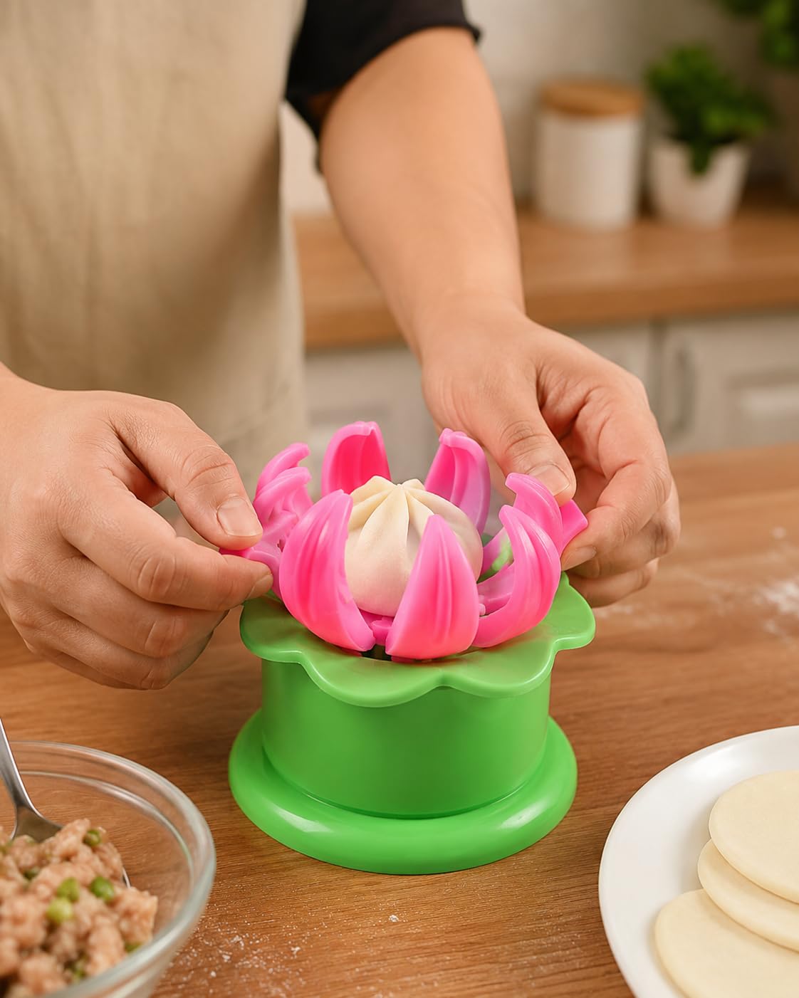 3 in 1 momo maker, dumpling maker & modak maker with easy press mould tool | fast momos dumpling maker mould shape plastic dough press home momo maker & modak maker machine, 8l x 8w x 5h cm, multicolor