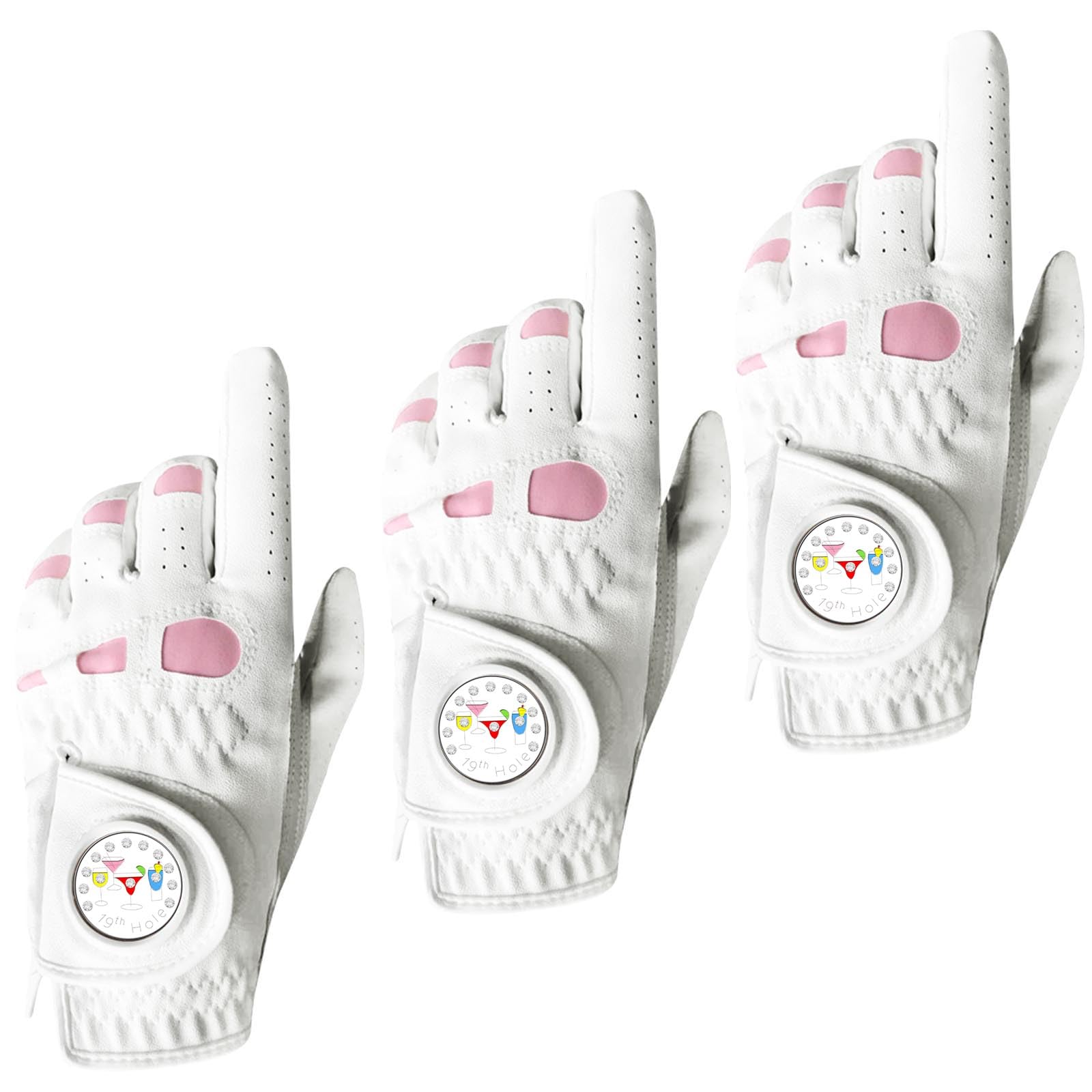 AXKAL Lady Golf Glove Ladies Women Left Hand Right Leather With Ball Marker Value 3 Pack (Not In Pair), Gloves Durable Soft Good Grip Fit Small Medium Large XL (Pink, XL, Left) — image 1
