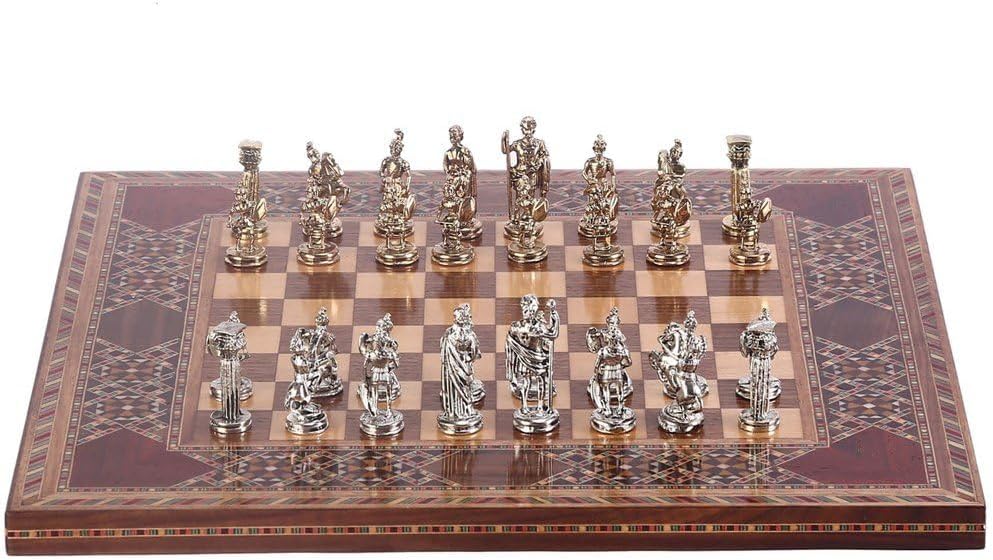 GiftHome Metal Roma Satranç Takımı Küçük Boy Parlak ve El Yapımı Masif Ahşap Satranç Tahtası