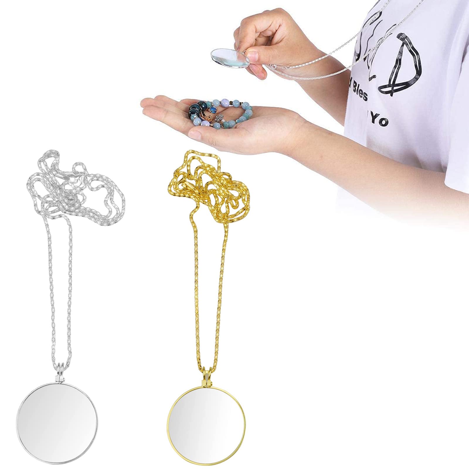 Necklace Magnifying Glass, 2 Pcs 5X Hanging Magnifier, Fashion Decoration Optical Magnifier with Chain Mini Portable Hanging Loupe Glass for Reading, Senior, Low Vision, Father Gift(Gold, Sliver)