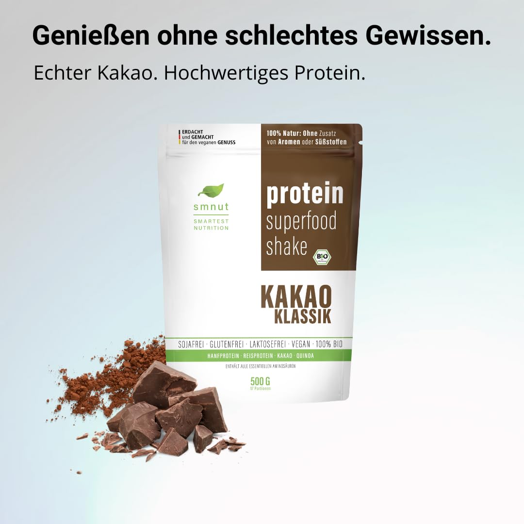 smnut protein superfood shake KAKAO KLASSIK | Bio Veganes Premium Proteinpulver | 100% Natur: Ohne Zusatz von Aromen oder Süßstoffen | Laktose- und Glutenfrei | 1000 g