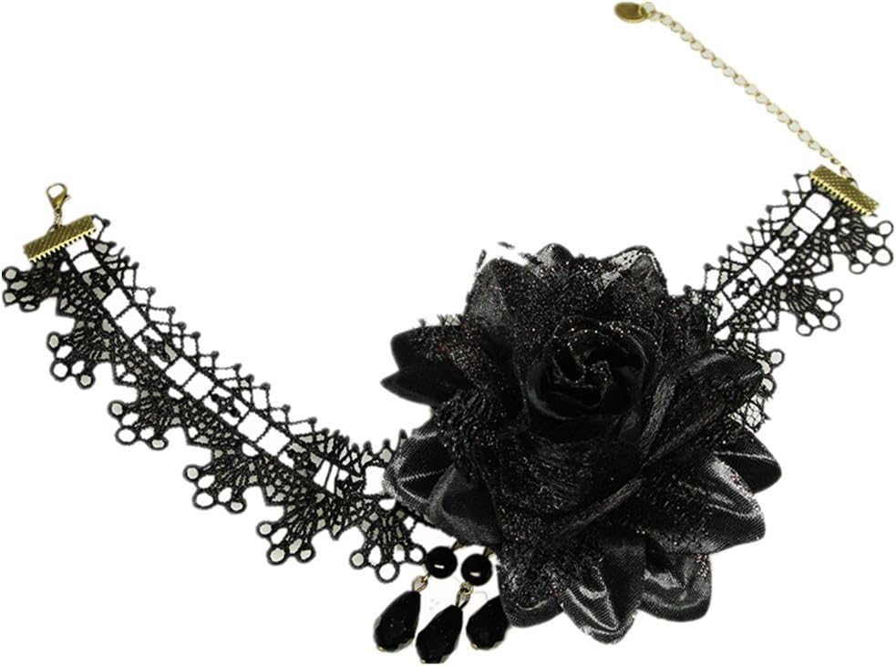 Amazon.com: MEiySH Black Flower Lace Gothic Lolita Beads Pendant Choker ...