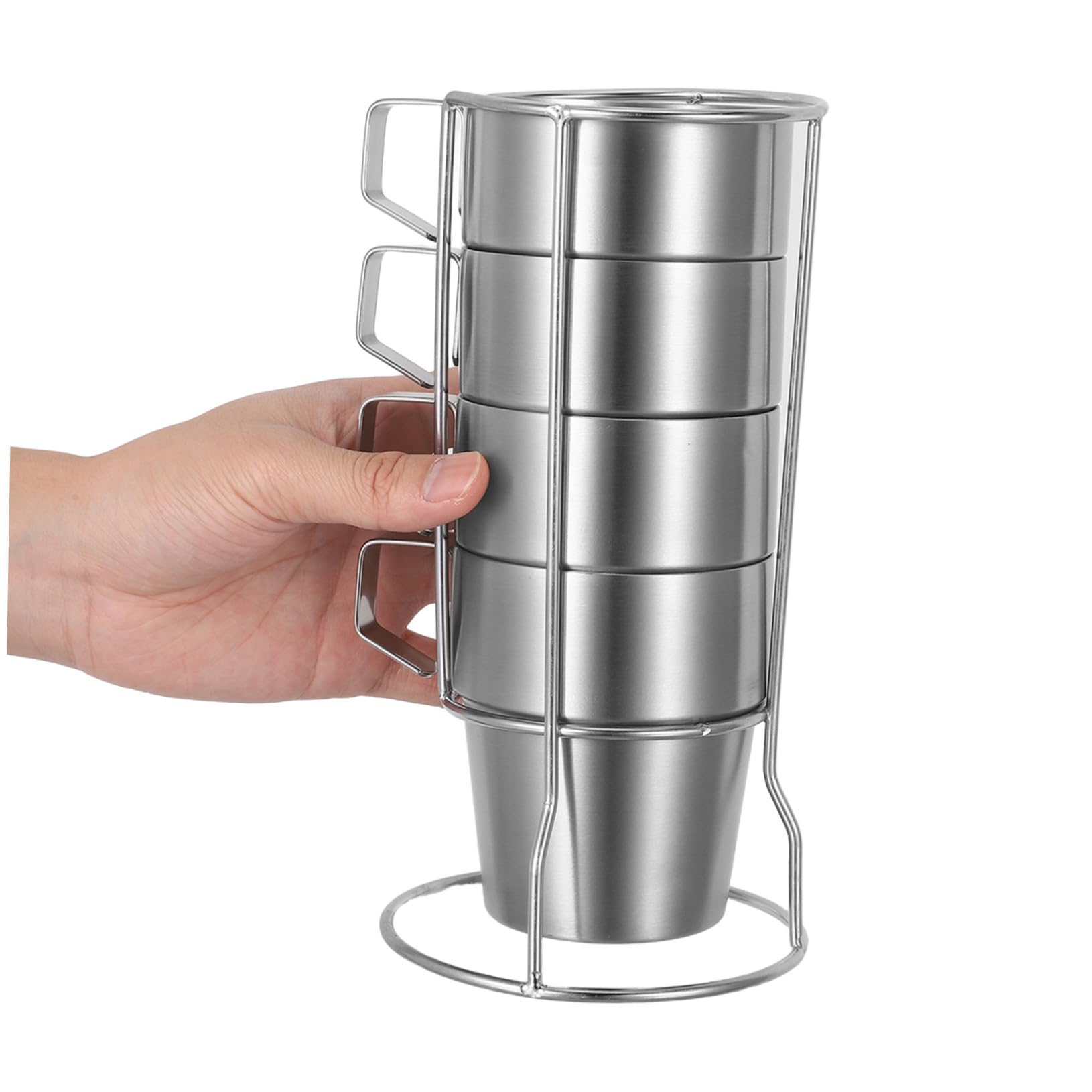 Juego de 4 Tazas Térmicas de Acero Inoxidable 300ml con Asa | Doble Pared, Apilables Rejilla, Plata, para Uso Doméstico y Salidas al Aire Libre