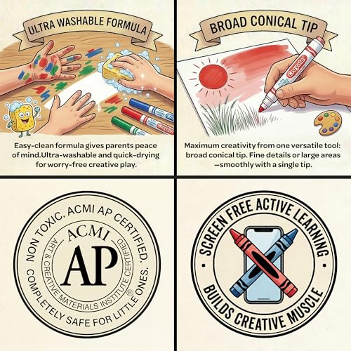 Image of Luxor Crayola Ultra-Clean Washable Markers for Kids, 8 Vibrant Colors, Conical Tip for Thick & Thin Lines, No-Mess Easy-Wash Ink, Non-Toxic Art Supplies for Kids