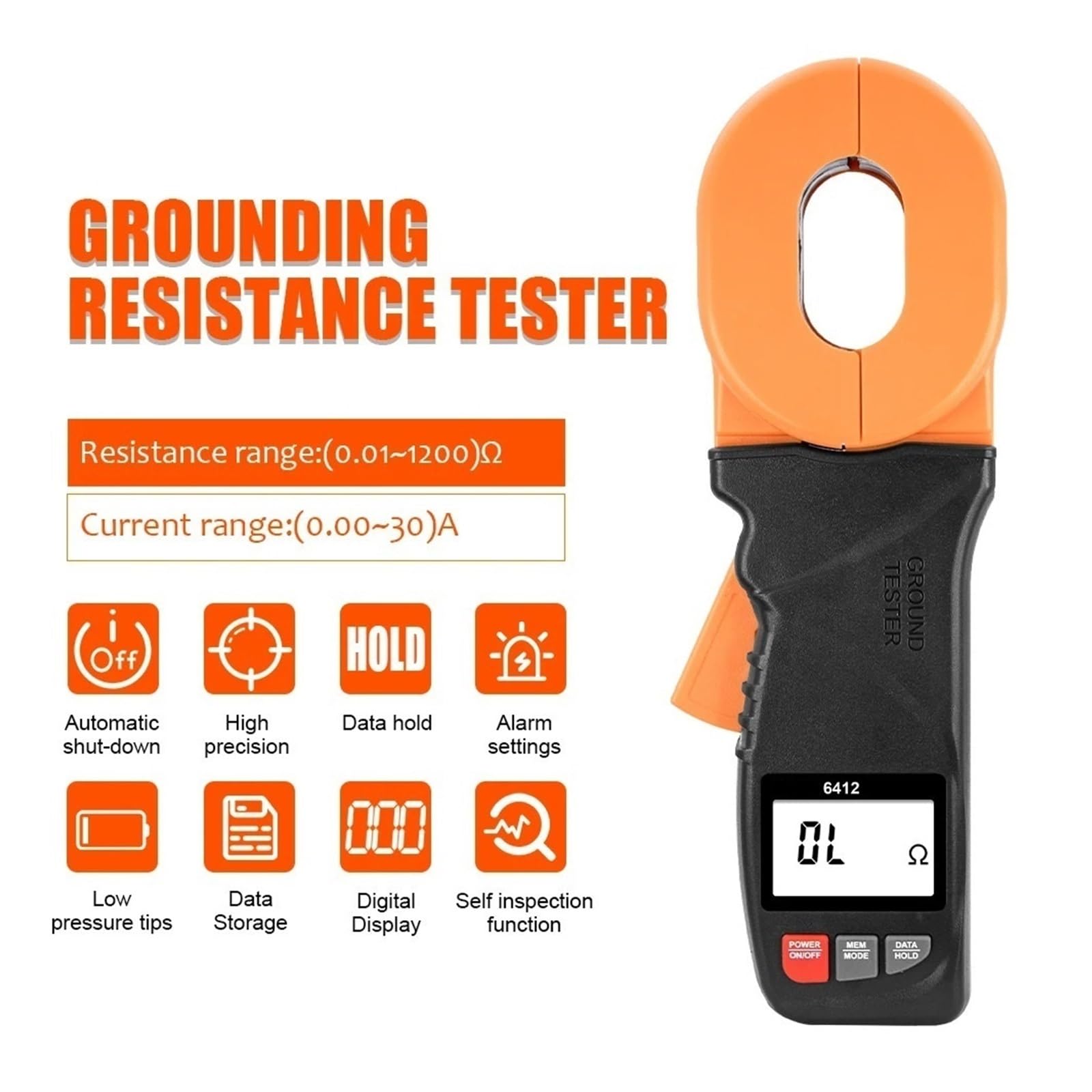 Medidor de Resistencia, Pinza amperimétrica digital de resistencia a tierra 6410, probador y corriente fuga 0,01 Ω