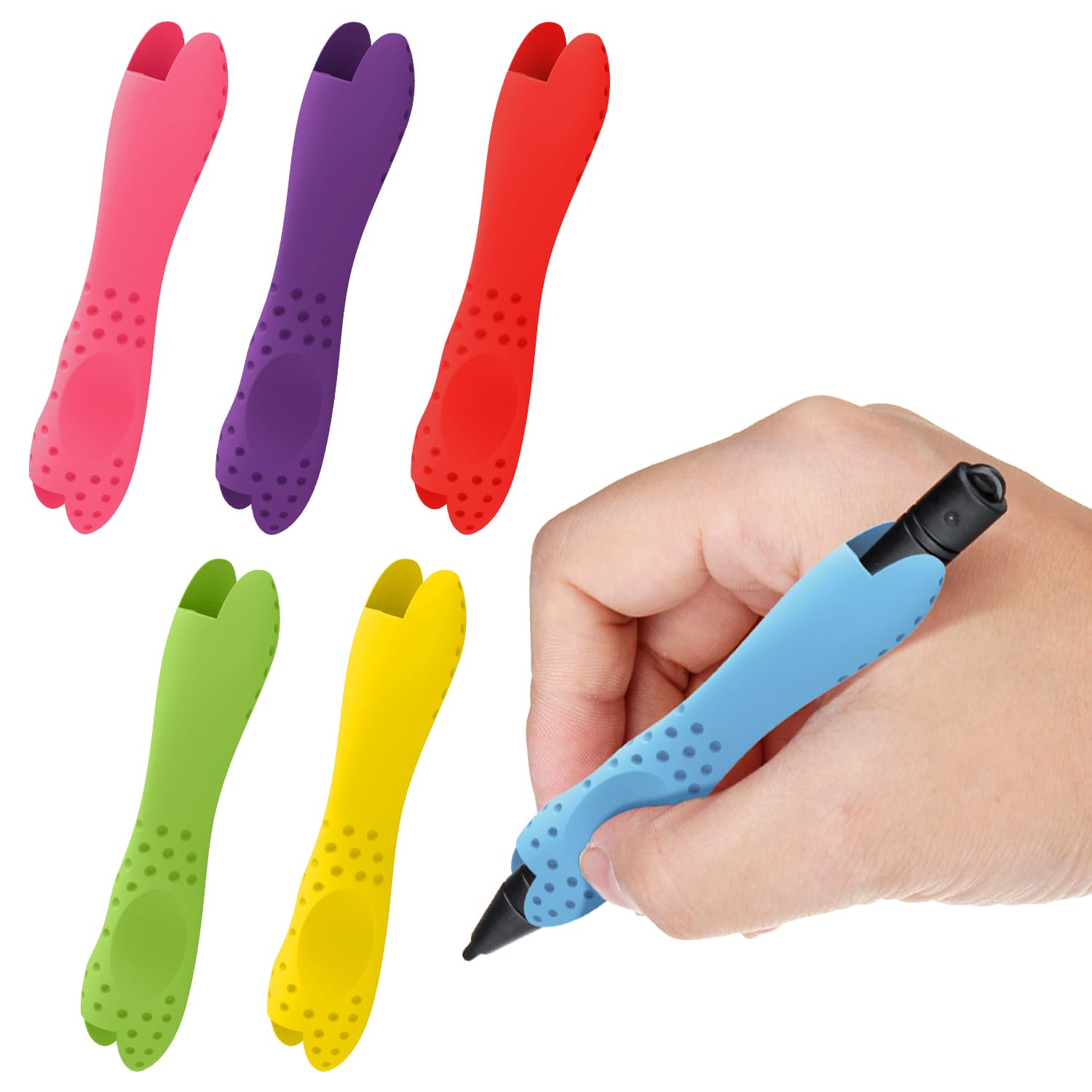 6 pieces silicone pen grips, non-slip texture for writing and drawing, double sided design, suitable for right and left handed users
