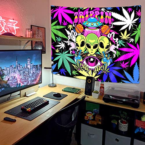 Uokiuki Trippy Cool Alien Weed Tapestry, Psychedelic Mushroom Ufo Marijuana Leaf Tapestries For Men, Colourful Aesthetic Wall Tapestries For Bedroom Dorm Living Room, 60X40 #TOP1