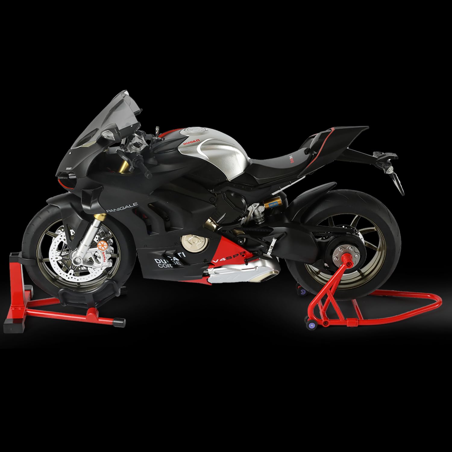 1:6 Motorrad-Modell passend für die Ducati Panigale V4 SP2 | Wasserspray Auspuff Startgeräusch Licht per Schlüsseldreh befüllbarer Wassertank für 12-Zoll-Puppen ideal für Sammler