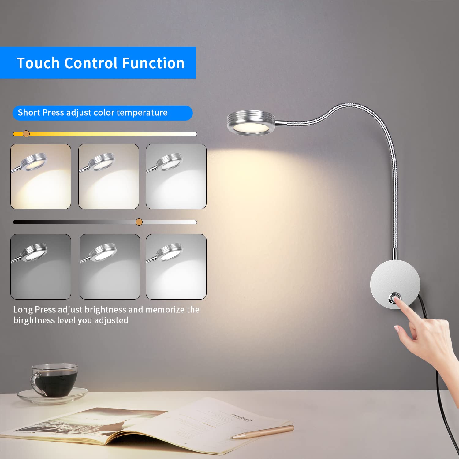 ERWEY Leeslamp voor aan de muur, led-bedlampje voor slaapkamer, wandlamp met touch-knop, verstelbaar, 3000 K-6000 K, 4 W, 360 graden, lamp zwanenhals, flexibel, met USB-oplaadpoort (zilver