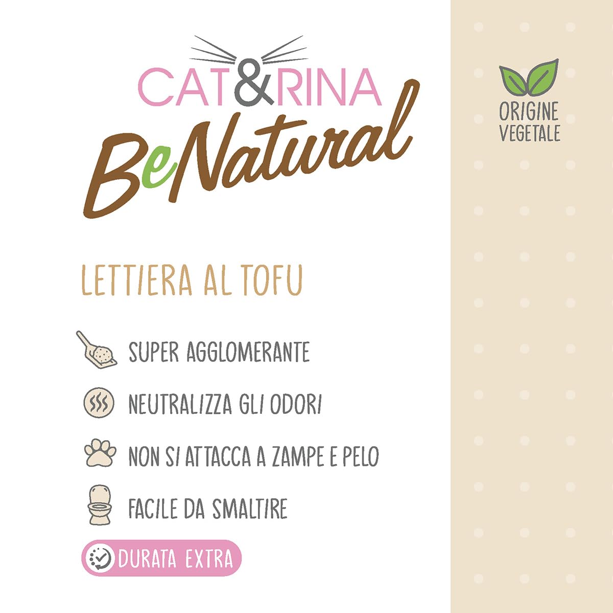 Cat&Rina BeNatural, lettiera per gatti al tofu da 5,5l. Lettiera gatto agglomerante di origine vegetale. Fino a 30 giorni di utilizzo. Si smaltisce nell'organico o nel wc. Sabbia gatti classica.