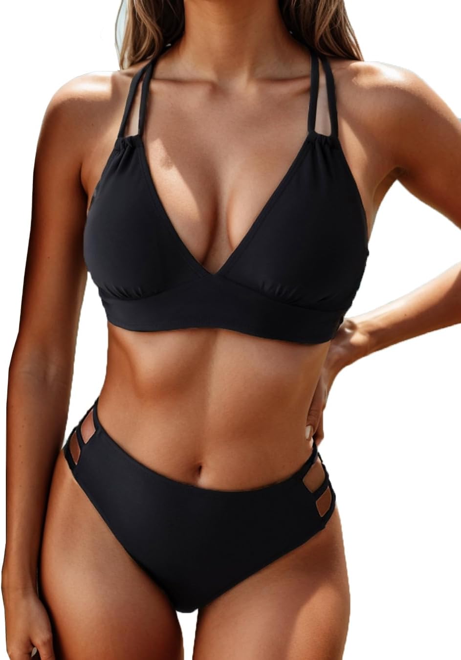 Tainehs Women's Push Up V Neck Bikini Sets Criss Cross Back Two Piece Bathing Suit Black Small