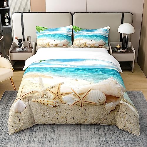 Homewish Coton, Ensemble de Literie 220x240 Plage, Housse de Couette Bleu Océan, Parure de Lit Imprimé Coquillage Étoile de Mer, Housse Couette Plage...