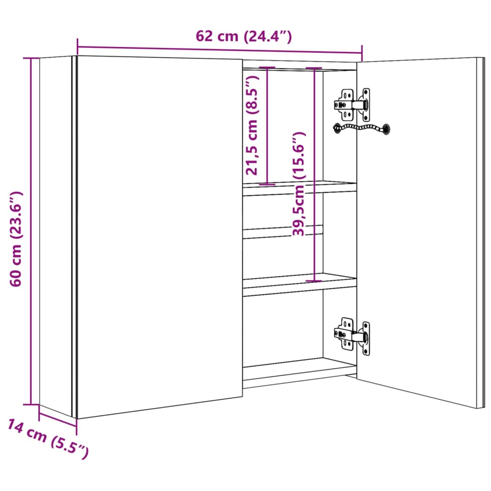 ATOMSTACK MAKER Spiegelschrank Bad 62x14x60 cm, glänzend grau, MDF+Glas, 2 Türen, 3 Böden, USB-Beleuchtung, Touch-EIN/Aus, für Make-up & Rasur – inkl. Montagematerial