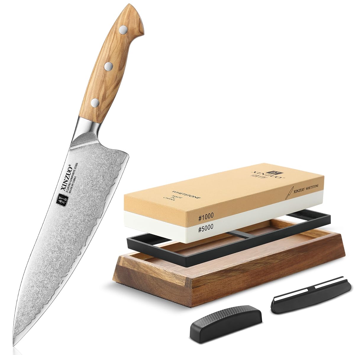 Couteau de chef XINZUO en bois d'olivier avec pierre à aiguiser double face
