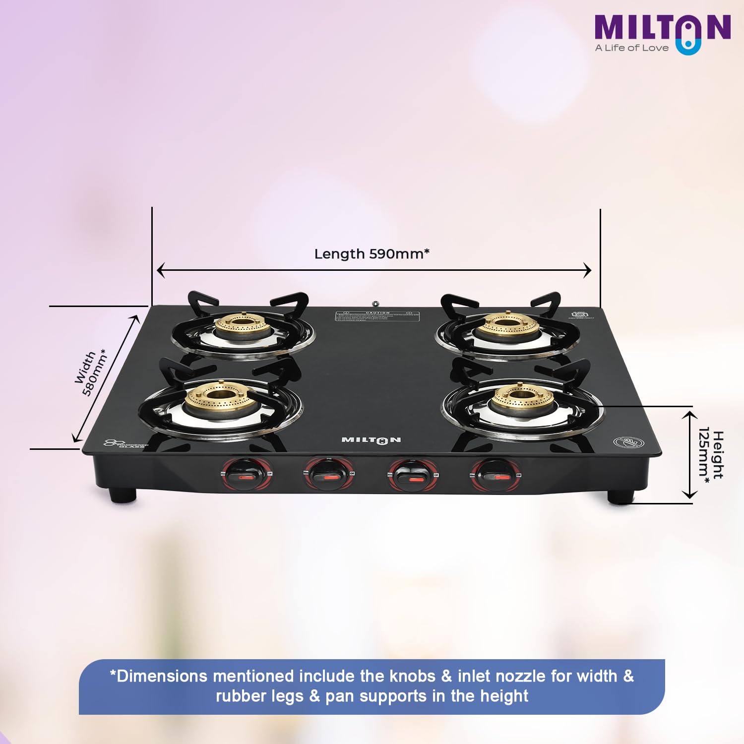 MILTON Premium 4 Burner Black Manual Ignition Glass Top Gas Stove, (ISI Certified) - Image 4