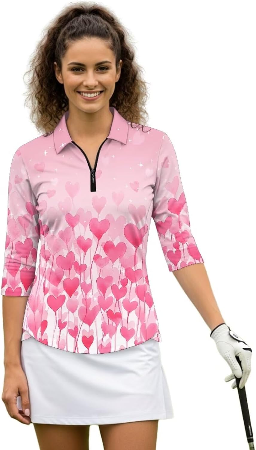 Womens Golf Shirts 3/4 Sleeve V Neck Polo Shirts UPF 50+ Sun Protection Tennis Workout Active Blouses Tops S-2XL