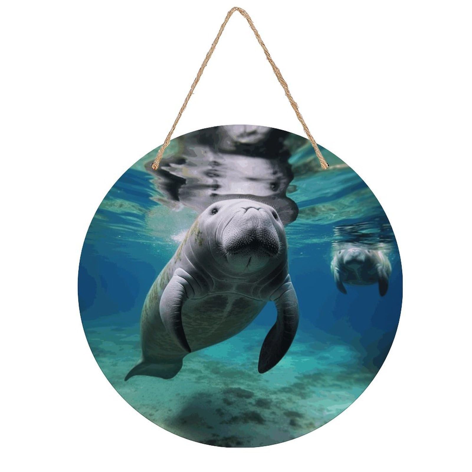 LZQPOEAS Ocean Animal Manatee Round Wood Wall Art Painting, 7.9 Inch Circular Wooden Door Hanger Decorative Paintings, Rope-Hanging Wooden Wall Plaque for Home Decor And Office Party