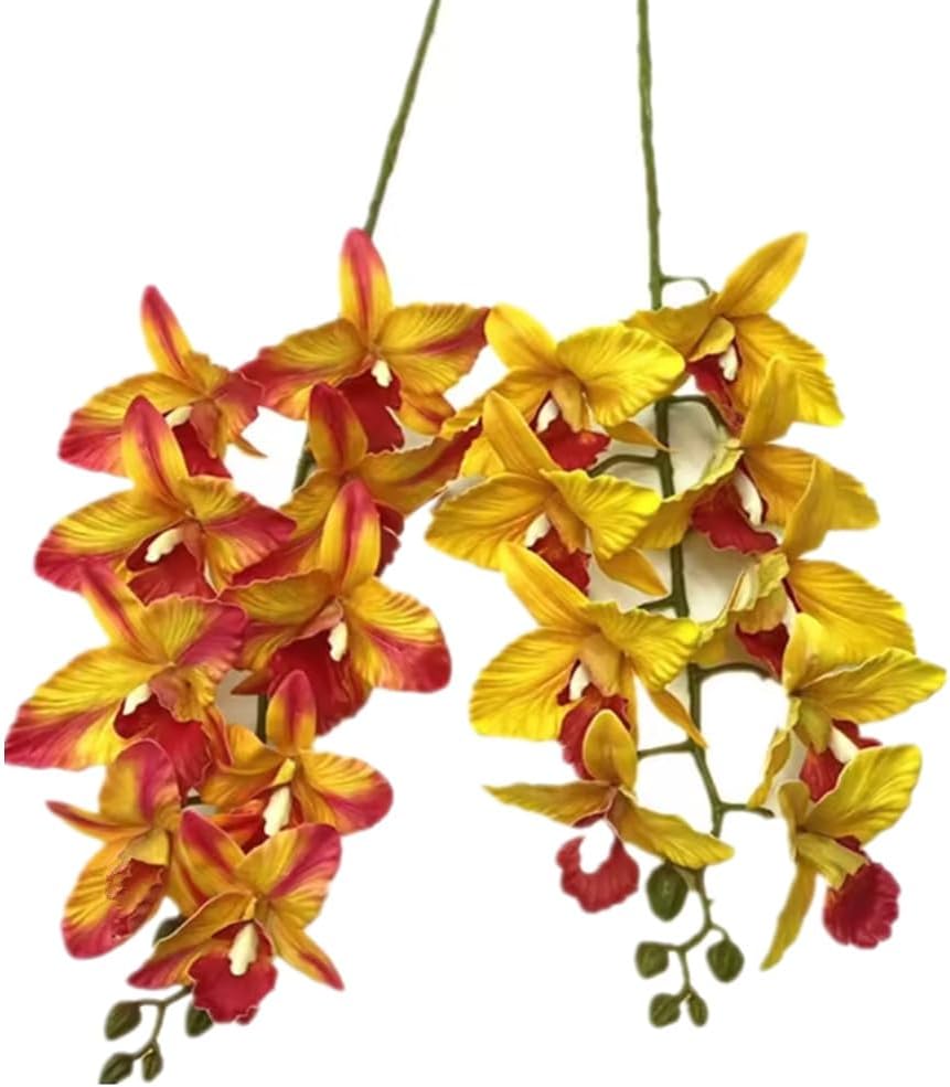 4pcs Artificial Cymbidium Orchid Flowers 9 Heads Latex Real Touch Large Blooms 102cm Long Faux Plants for Wedding Centerpieces Bouquet Home Vase Decor(yellow)