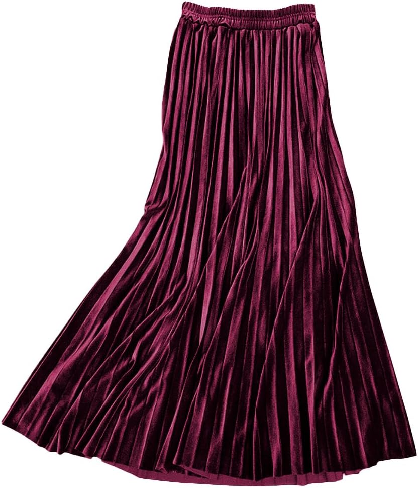 ebossy Women's Fall Winter High Wasit Ankle Length Velvet Maxi Long Pleated Skirt