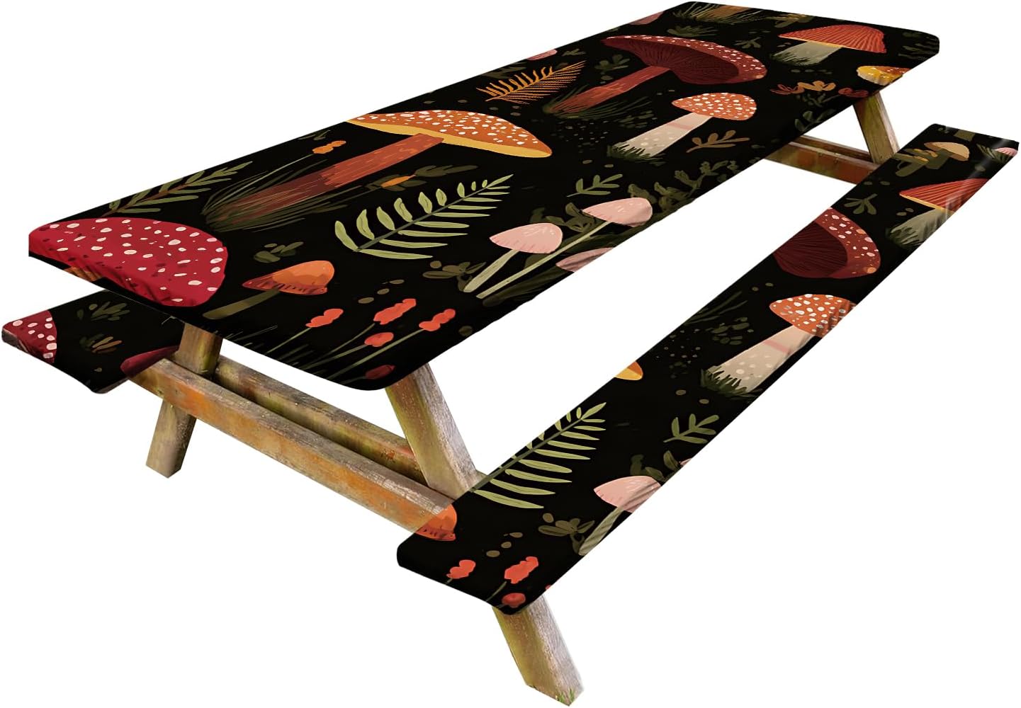 Whimsical Mushroom Picnic Table Cover with Bench Covers Set of 3-Colorful Fungi Fairy Tale Design,Elastic Fitted Tablecloth for 6 Ft Tables, Washable Polyester Cover for Camping, Indoor & Outdoor