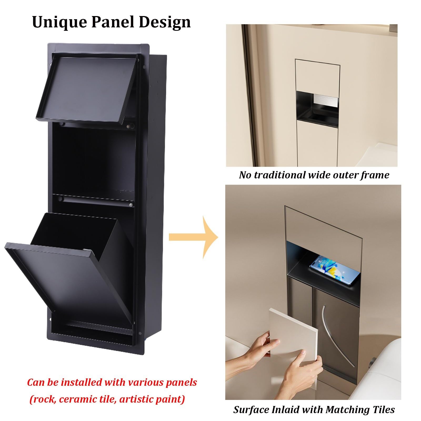 Armadietto da bagno da incasso con pattumiera nascosta, design in acciaio inox per rinnovamento moderno