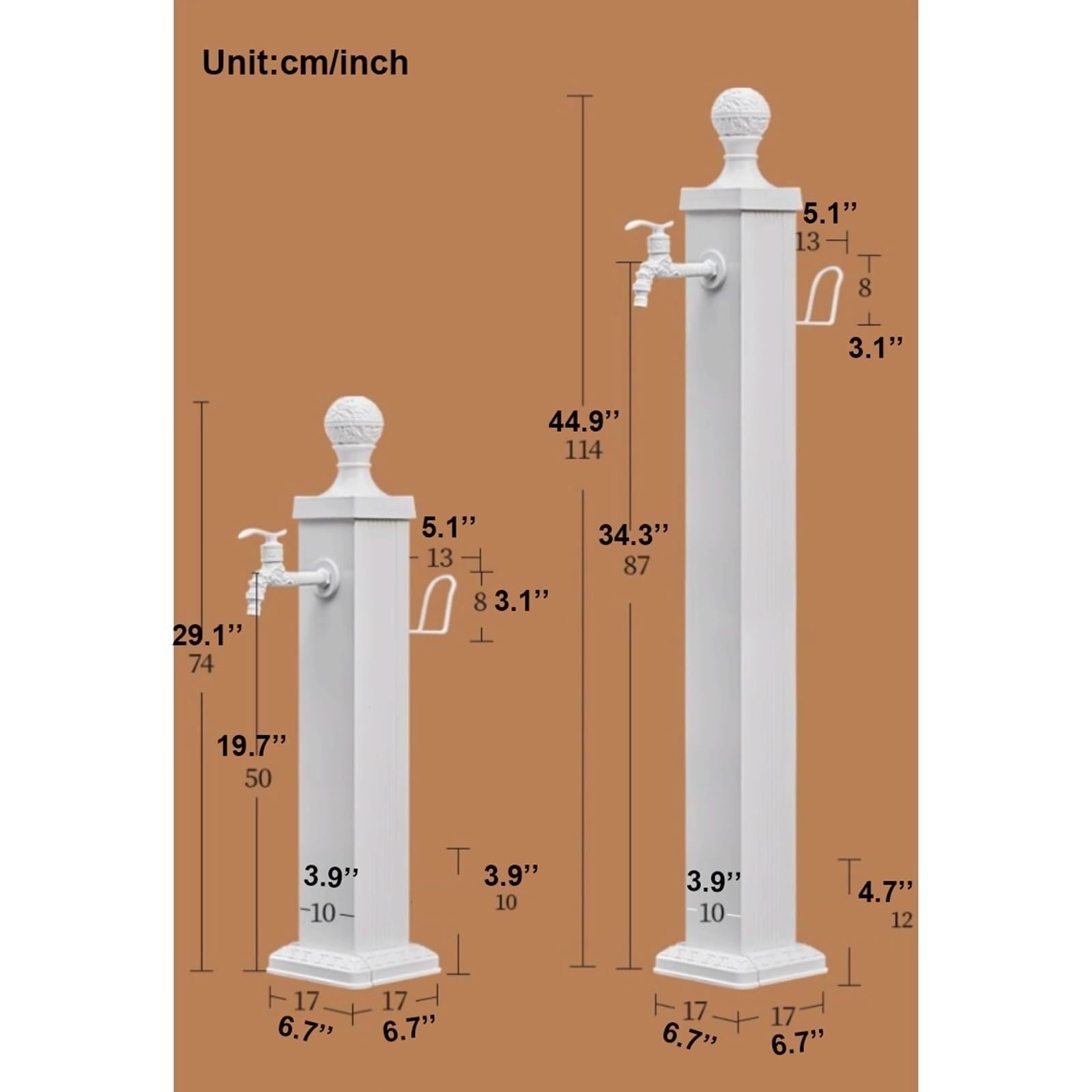 Columna de agua cuadrada de aluminio anticongelante para exteriores, soporte decorativo para manguera de fuente de jardín con hidrante vertical, 44.9 pulgadas