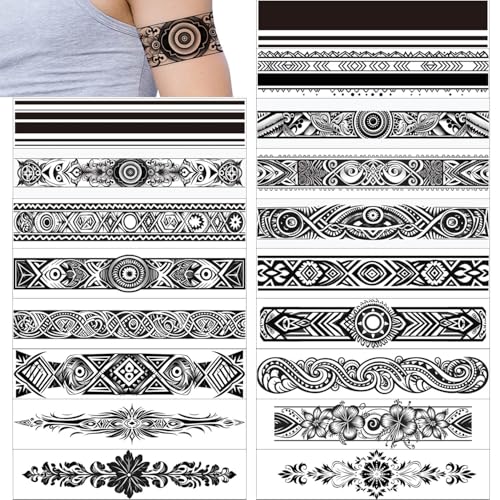 GLARYYEARS Arm Band Temporary Tattoo - 18 Pack Super Long size, Realistic & Boho Polynesian Maori Style Fake Tattoos, ArmBand Tattoos for Wrist, Ankle Circle, Geometric, Tribal and Totem