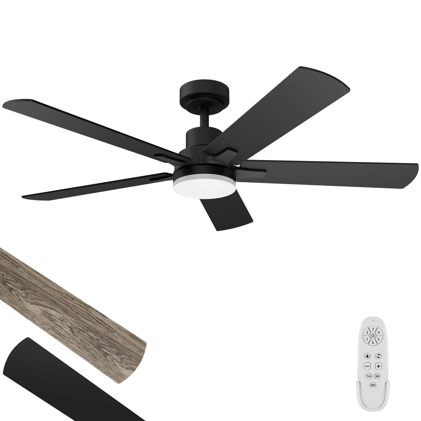 Ceiling Fan with Light 52-Inch, Remote Control Reversible DC Motors, 3CCT Dimmable Timer Noiseless, Black Ceiling Fan for Bedroom Living Room, Indoor&Outdoor ETL Listed