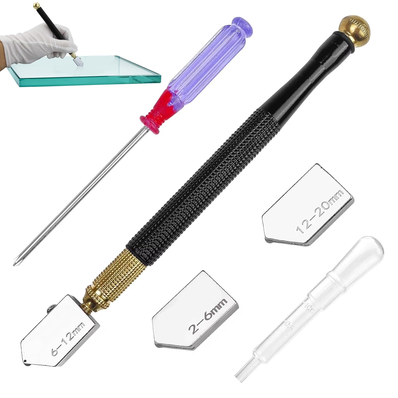 Tagliavetro, tagliavetro, tagliavetro per vetro spesso, tagliavetro, con 3 teste di taglio in metallo duro, adatto per tagliare vetro spesso (2 mm - 20 mm)
