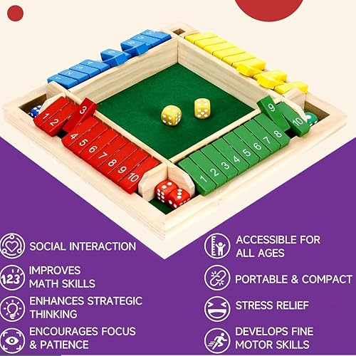 Miniatura 6 de Wooden Shut The Box Game, 4 Players, Educational Dice Board Game, Numbered Tiles, Home Classroom Camping, Anti-Slip Bottom