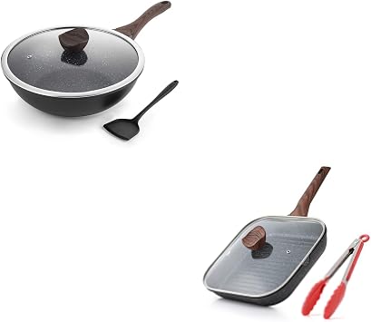 Kordisen Nonstick Grilling Pan with Lid for Stove Tops, 11 Inch Square Grill Pan for Indoor Cooking, Granite Coating Grill Skillet with Pour Spouts, Versatile Griddle, Induction Steak Pan, PFOA Free