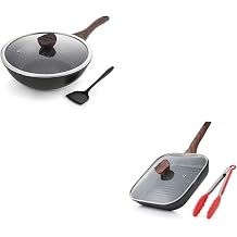 Kordisen Nonstick Grilling Pan with Lid for Stove Tops, 11 Inch Square Grill Pan for Indoor Cooking, Granite Coating Grill Skillet with Pour Spouts, Versatile Griddle, Induction Steak Pan, PFOA Free
