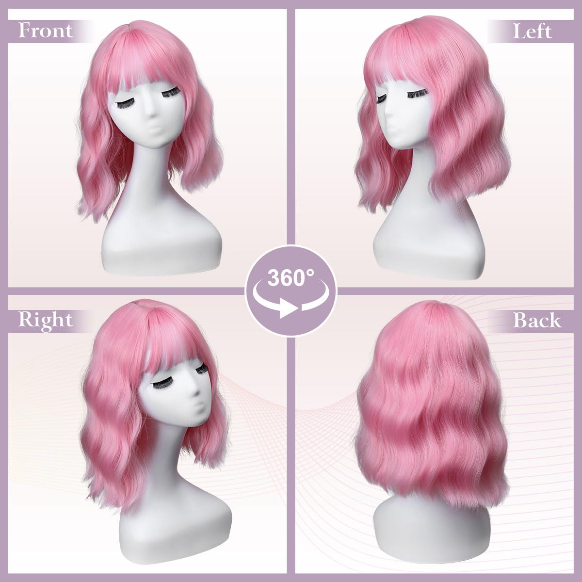 Pink Wig with Bangs for Women,Shoulder Length Short Wavy pink Bob Wigs With Bangs Synthetic Bob Wig Curly Wig Heat Resistant Colorful Wavy Wig Cosplay Wigs For Daily Party(12 Inch)