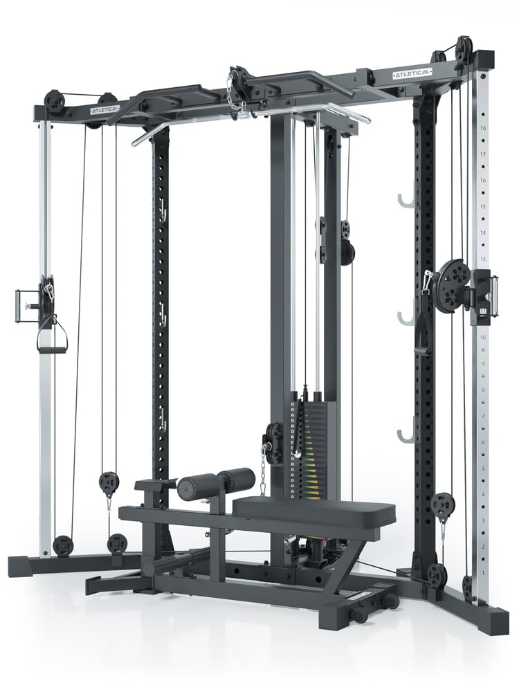 Atletica XTRIA | Kabelzugstation | Cross-Over-Kabelzug mit LAT- und Ruderzug | 125kg Gewichtsblock | abnehmbare Hantelbank | als Eck-Lösung für maximale Raumeffizienz