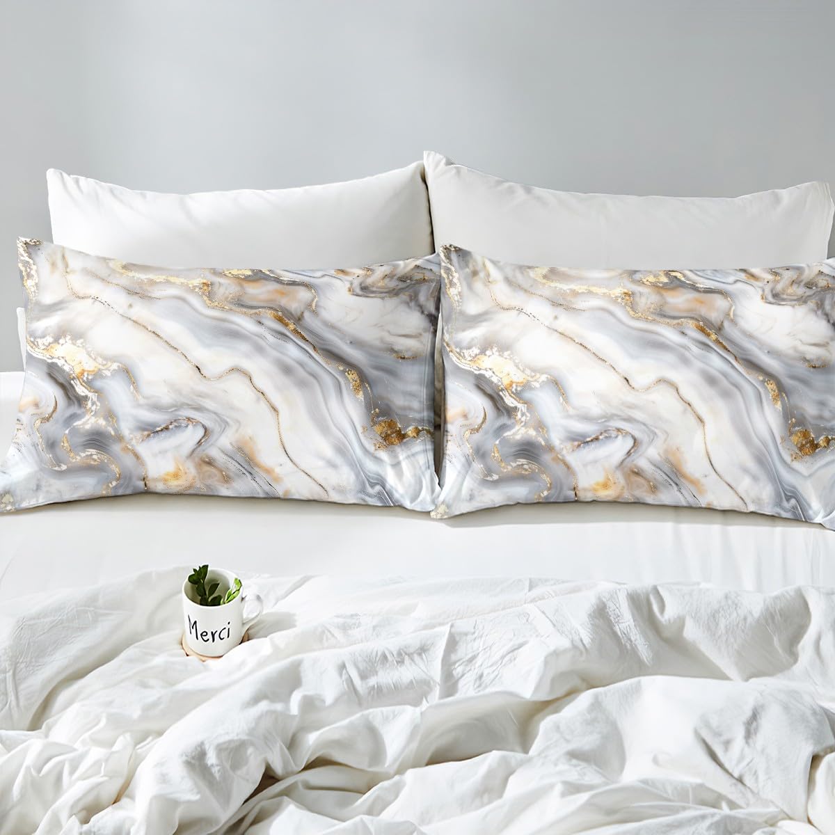 Juego de ropa de cama de mármol gris dorado para niños y adultos, funda de edredón de textura geométrica abstracta de mármol con textura grieta de ladrillo y lino con 2 fundas de almohada de doble ta