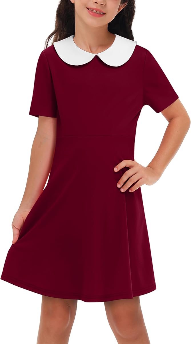Remimi Vestido con cuello Peter Pan para niña, manga corta, casual, acampanado, vestidos patinadores de 5 a 14 años