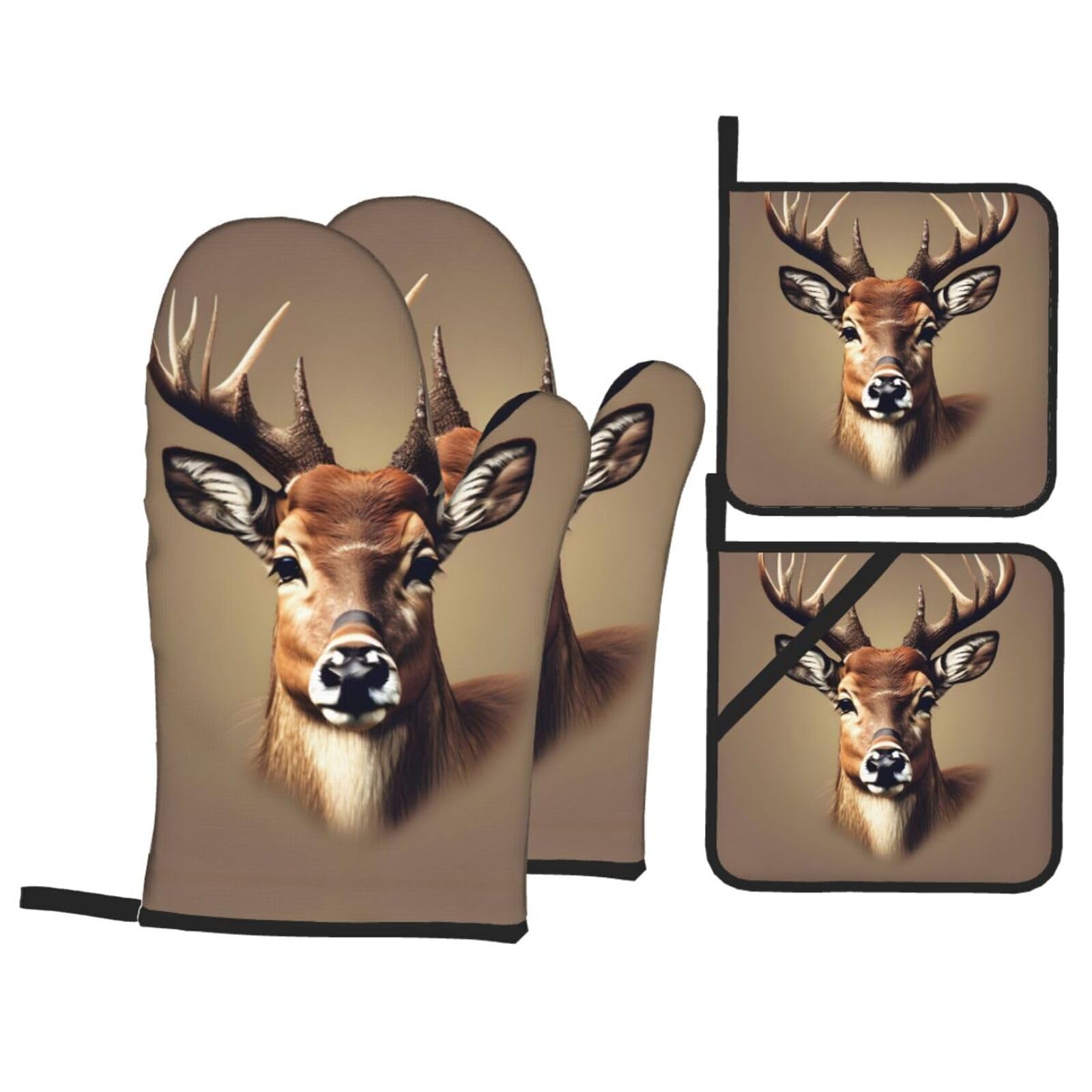 Deer Head Printing Print Oven Mitts,Pot Holders, Heat Resistant Oven Mitts Gloves,Hot Pads for Kitchen Cooking Grill